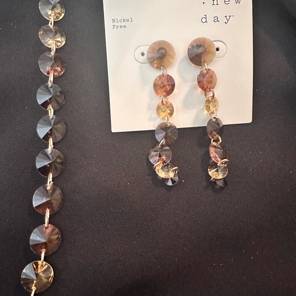 NWT A New Day Beaded Linear Earrings & Stone Beaded Necklace Set, Brown & Gold - Picture 2 of 7